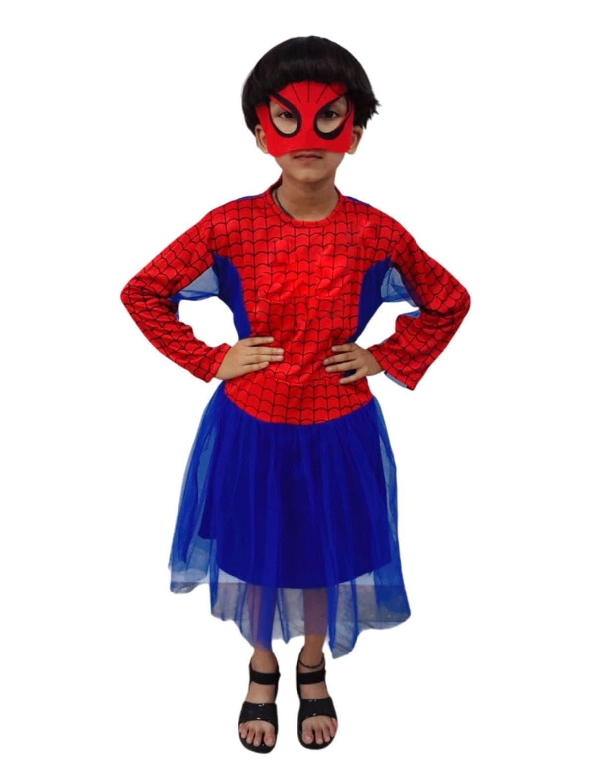 BookMyCostume Spidre Powers Girl Web Hero Girl Costume Set – Red & Blue Frock with Attached Net Sleeves | Eye Mask | Superhero kids Fancy Dress Outfit For Girls | 8-10 Years