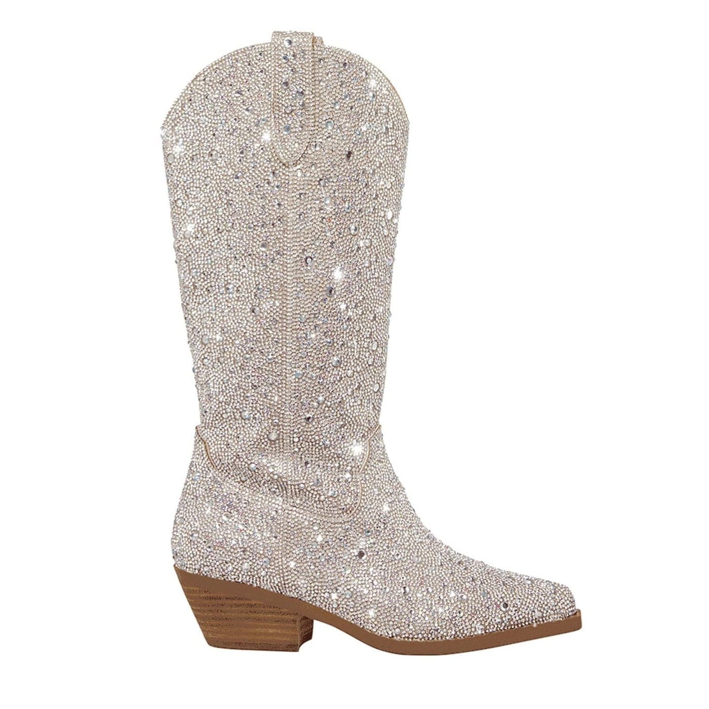 Atuelang Womens Rhinestone Cowboy Boots Sparkly Knee High Cowgirl Boots Fashion Pointed Toe Chunky Block Heel Mid Calf Booties Pull on Trending Tall Western Boots Silver Size 7