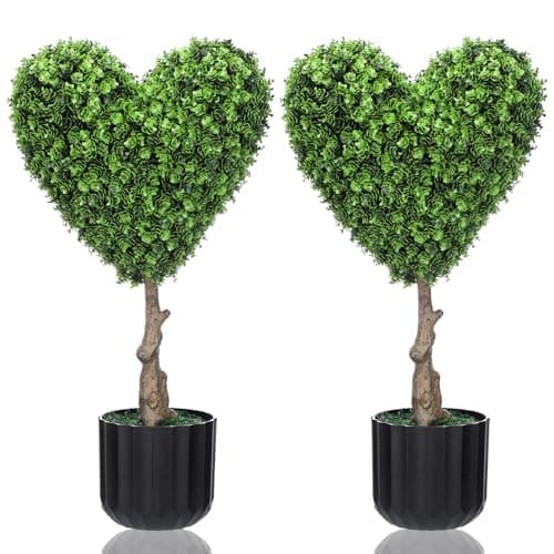 Suncalla 2 Sets 23.62 Inches Artificial Heart Boxwood Topiary Outdoor, Valentine's Day Heart Shaped Topiary Trees, Faux Boxwood Outdoor Valentines Decoration with Planter Pots for Home Porch Decor