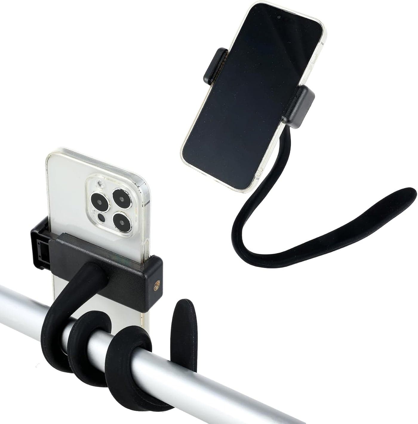 Stroller Phone Holder Portable Flexible Cell Phone Holder Stand with Nonskidding Arm Grip Soft Alloy Phone Clamp Stroller Accessories for Baby Buggy Desk Handlebar Treadmill Pushchair