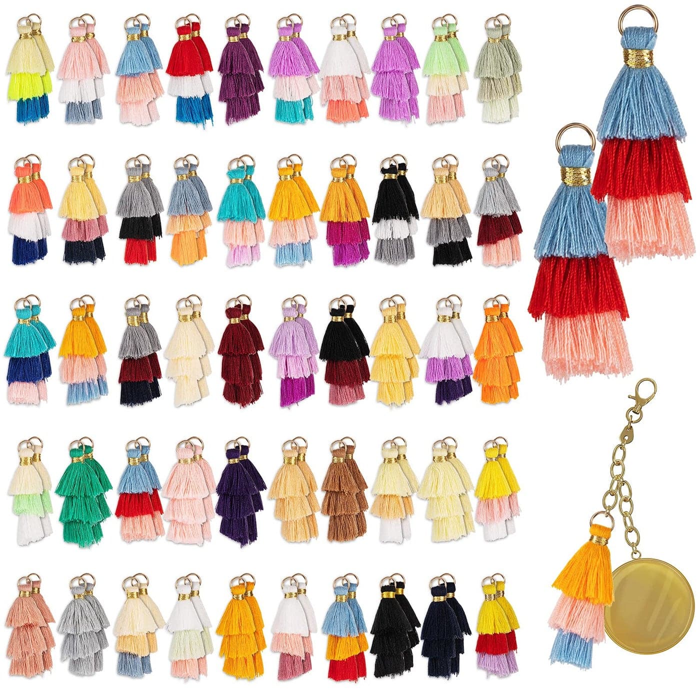 Dingion 100Pcs Tiny Tri Layered Keychain Tassels Mini Tassel Craft Jewelry Making Tassel for Earring BookmarkClassic Color