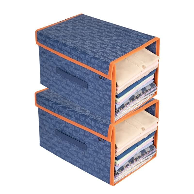 HomeStrap Polypropylene Set of 2 Printed Shirt Stacker Cloth Storage Foldable Wardrobe/Closet Organizer With Lid For Wardrobe|Almirah (Navy Blue With Orange Border)