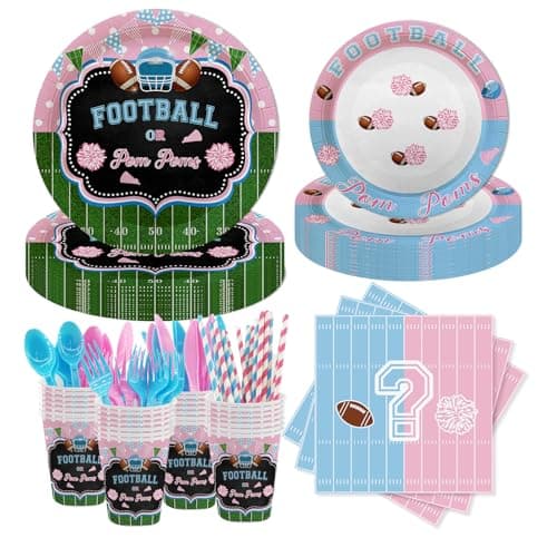 MEHOFOND 192Pcs Football Gender Reveal Party Decorations Football Pom Poms Disposable Tableware Set Football Paper Plates and Napkins Cups Football Baby Shower He or She Party Decor Serve 24
