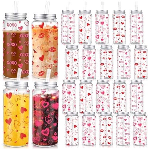 Willinglong Plastic Cups with Lids and Straws Pumpkin Face Jack O Lantern Cups 13.5 oz Reusable Beverage Drinking Plastic Tumbler for Party Favor Supplies (Valentine's Day)