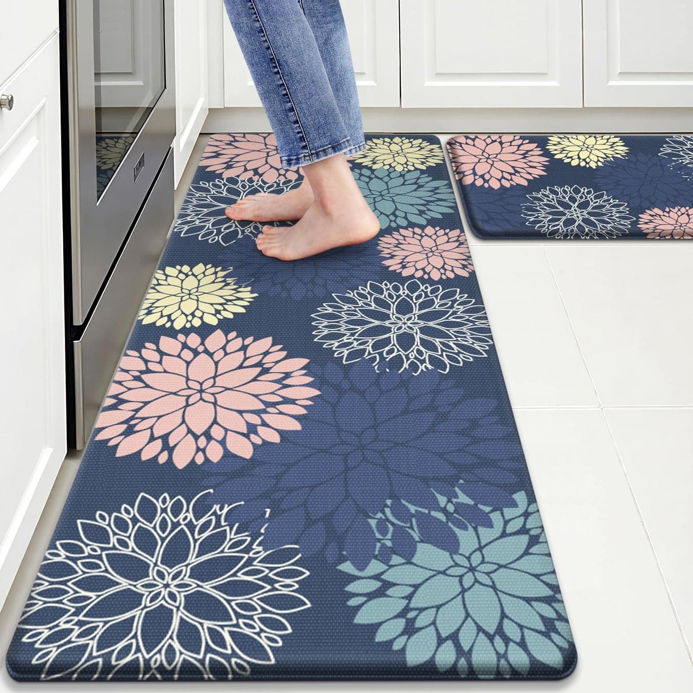 StepLively Kitchen Mats 2 PCS Cushioned AntiFatigue Floral Pattern OekoTEX Certified Washable NonSlip Standing Mats for Kitchen Office Sink Laundry 173x30173x47 Blue
