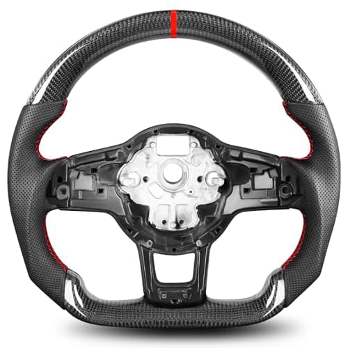 TESFEEL Real Carbon Fiber Steering Wheel for Volkswagen Golf GTI MK7 2015-2017 with DSG Paddle Shifters, D-Shape Flat Bottom, Black Leather Grip, Red Stripe & Red Stitching
