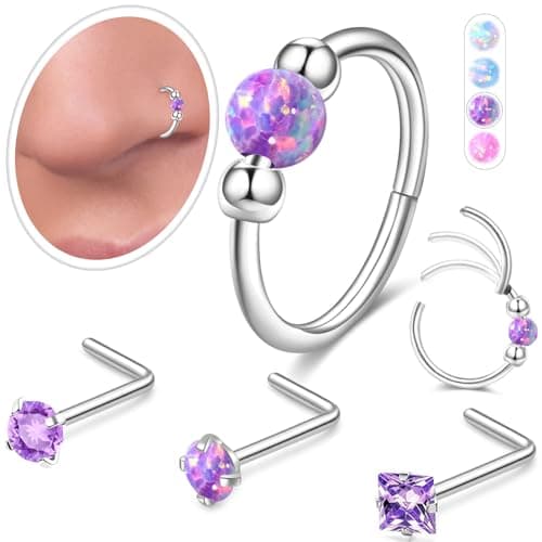4Pcs Stainless Steel Nose Ring Set for Women Men,Hypoallergenic 20G L Shaped Nose Studs 8mm 18G Purple Opal Small Silver Hoops for Nostril Septum Cartilage Helix Rook 2nd or 3rd Ear lobe Lip Piercings