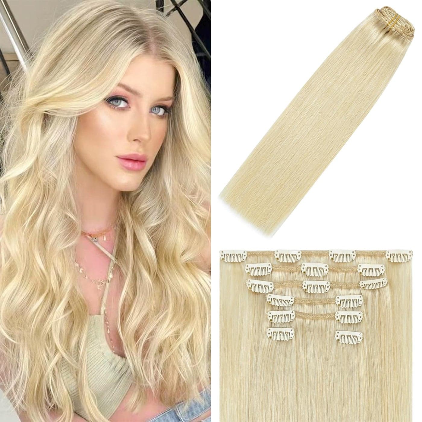 WindTouch Clip in Hair Extensions Blonde Hair Extensions 12 inch 60 Platinum Blonde Human Hair Clip in Extensions Silky Straight 75g 7PCS