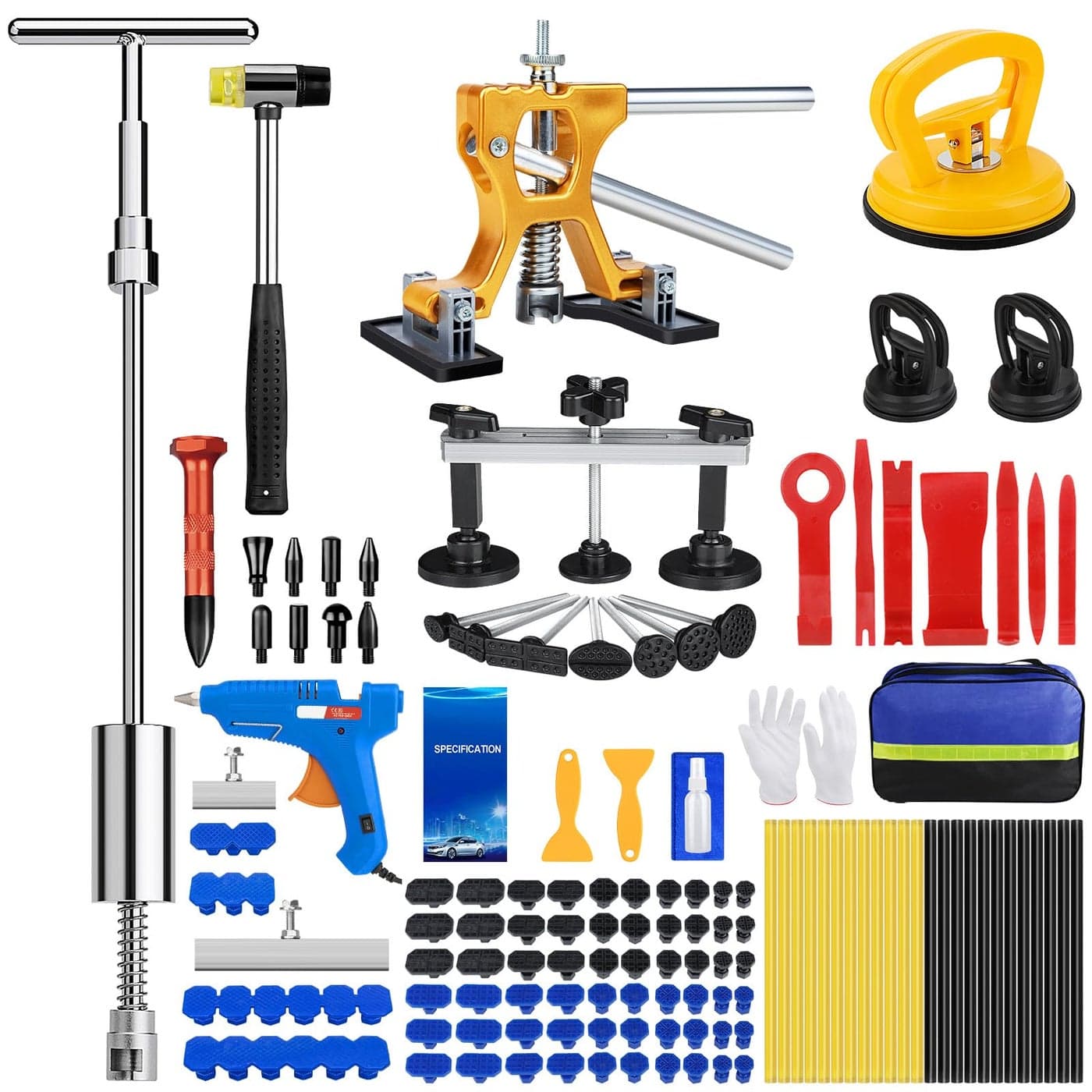 Sigoobal Car Dent Puller Kit 135pcs Paintless Dent Removal Kit Car Dent Repair Kit with Golden Lifter Bridge Puller Slide Hammer 2 in 1 TBar Dent Puller for Car Refrigerator Door Ding Repair