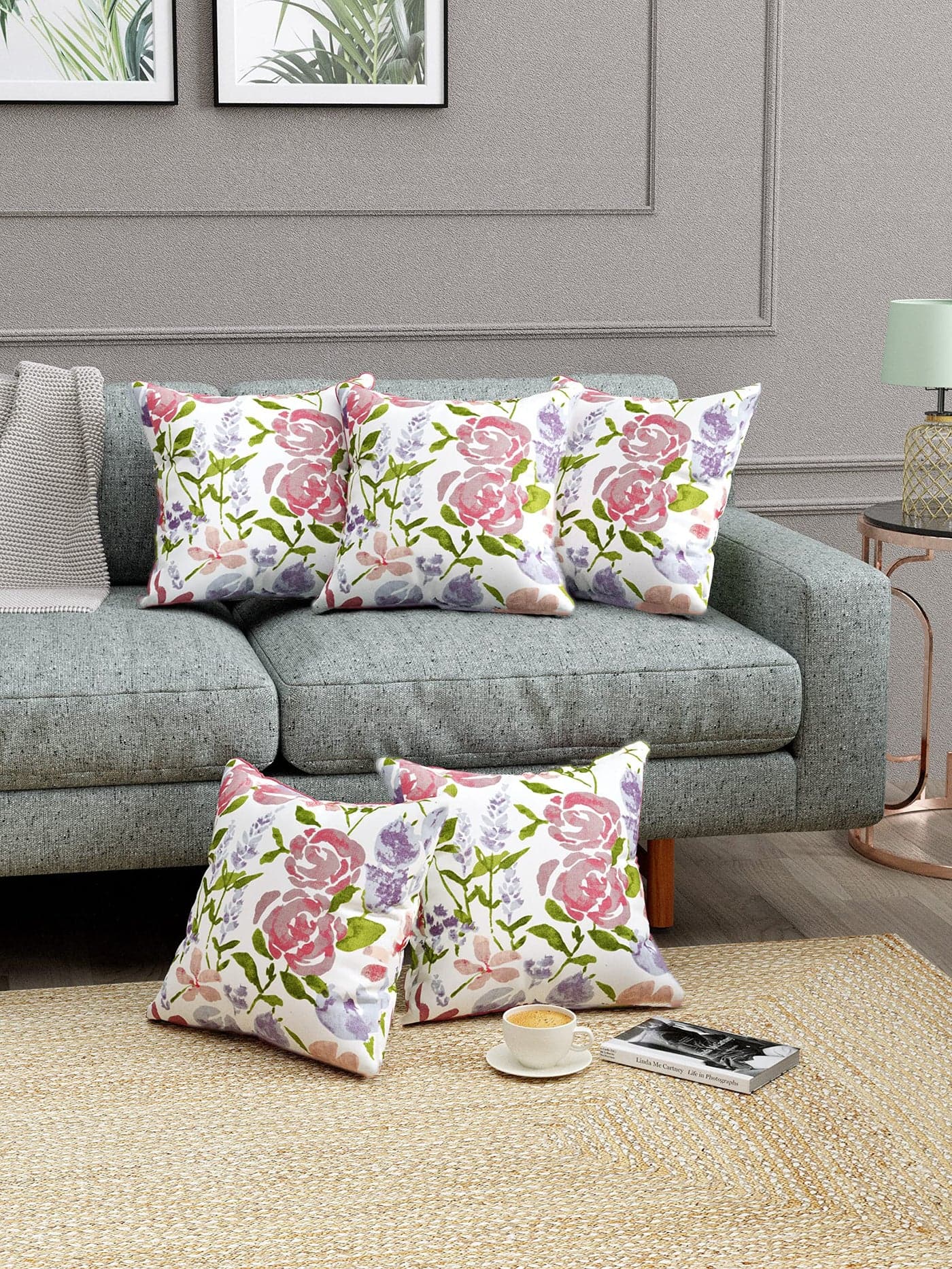 Trance Home Linen Thick Cotton Printed Cushion Covers For Sofa And Diwan | Throw Pillow/Small Cushion Pillow Covers (24X24 Inch | 60Cmx60Cm, Huvu Lilac)Set Of 5, 180 TC
