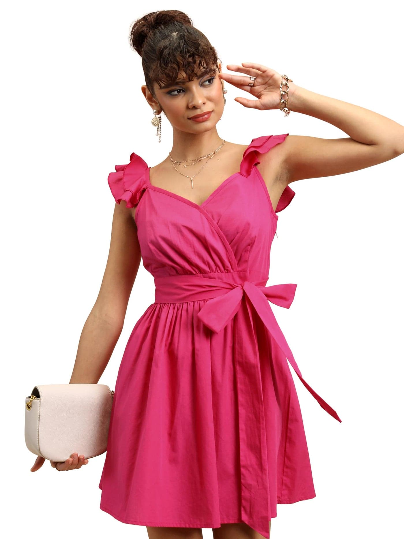 Tokyo Talkies Pink Ruffled Cotton Fit & Flare Dress