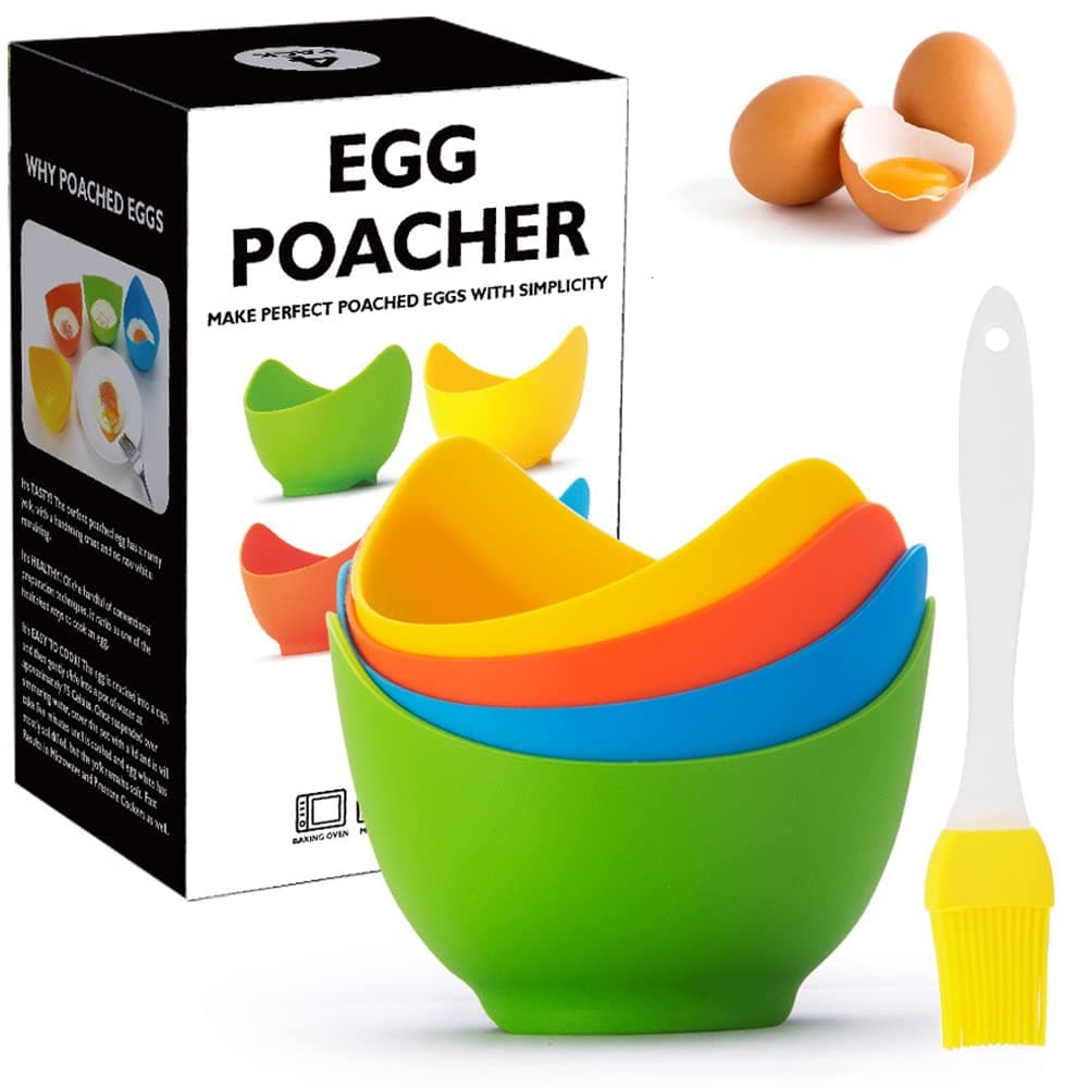 YomiFamily 4 Pack Silicone Egg Poacher Cups with Ring Standers Nonstick Egg Poaching Cups for Air Fryer Baking oven or Stovetop Cooking BPA Free
