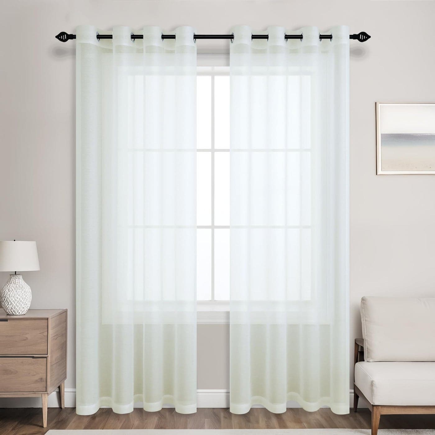 MrsNaturall Ivory Sheer Curtains 96 Inches Long for Living Room Set of 2 Panels Grommet Off White Cream Farmhouse Curtains for Bedroom 52x96 Inch Length