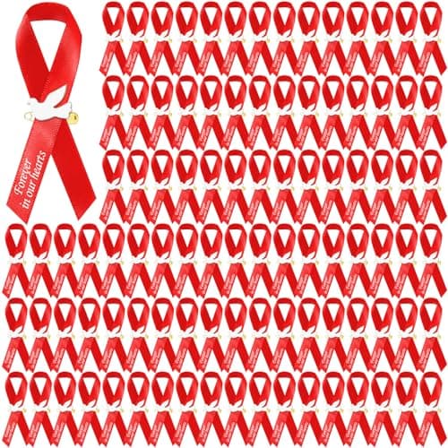 Geosar 100 Pcs Dove Funeral Memorial Ribbons Pins Memorial Service Respect Funeral Personalized Ribbon Bow with Safety Pins and White Dove for Mourning Mental Health Awareness Month GiftsRed