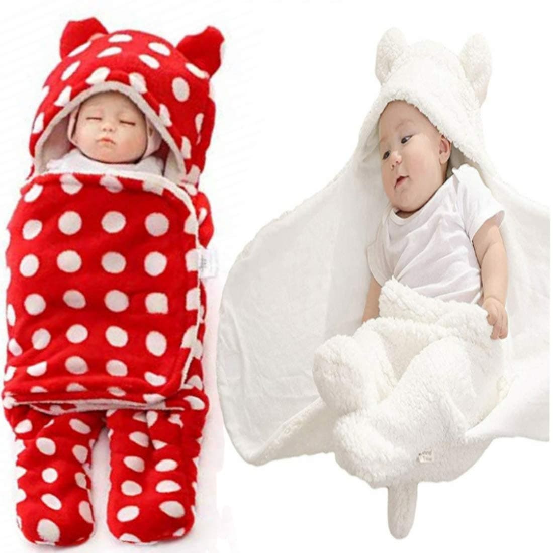 BRANDONN Flannel New Born Hooded Wearable Baby Blanket Cum Baby Wrapper for Babies - Combo of 2 (Multicolor, 76 X 68 cm)