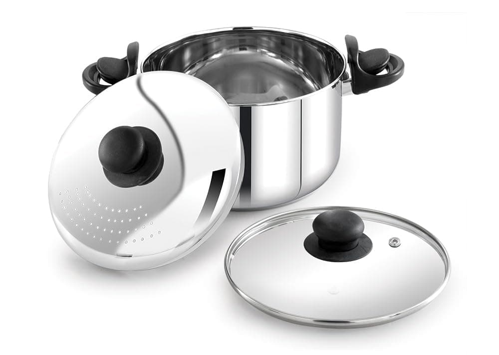 Praylady Stainless Steel Strainer Pot 5L with Glass Lid Induction Base Cooking Pot for Pasta Noodles Vegetables Rice AntiLocking 2 Year Warranty Rice Strainer Cooker Quality Cookware