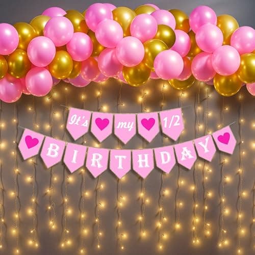 Party Propz 6 Months Birthday Decorations for Girl - 32Pcs ,Pink & Glod Balloon, Banner With Warm Lights ,Half Birthday Decorations For Baby Girl, 1/2 Bday Decoration for Girls