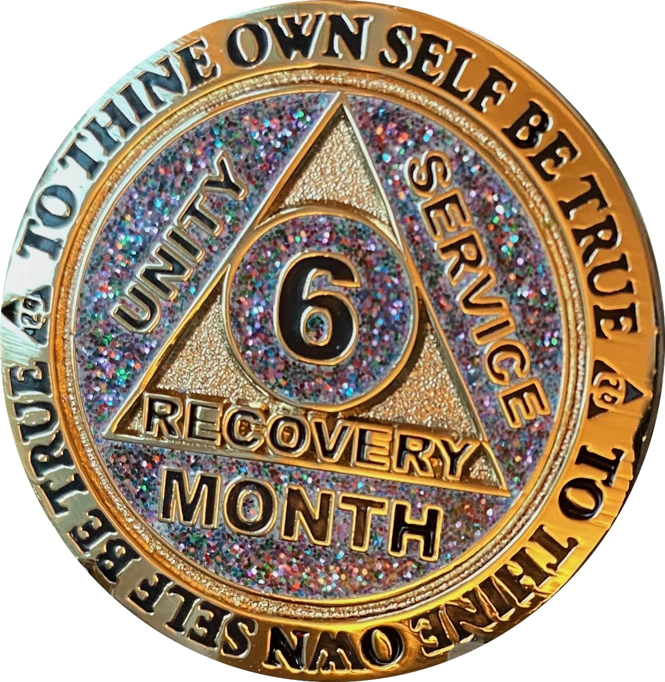 6 Month AA Medallion Reflex Funfetti Birthday Glitter Gold Sobriety Chip