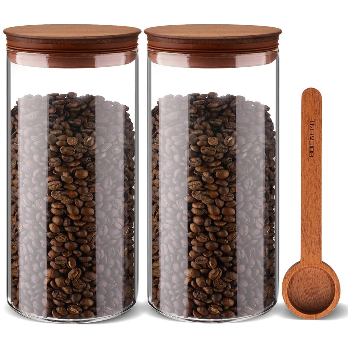 BOILMERIT 50 oz Coffee Canister with Scoop and Wooden Lids Airtight Glass Coffee Jars Set of 2 for Ground Coffee Coffee Beans Storage Container with Lids for Kitchen Brown Sugar Coffee Bar