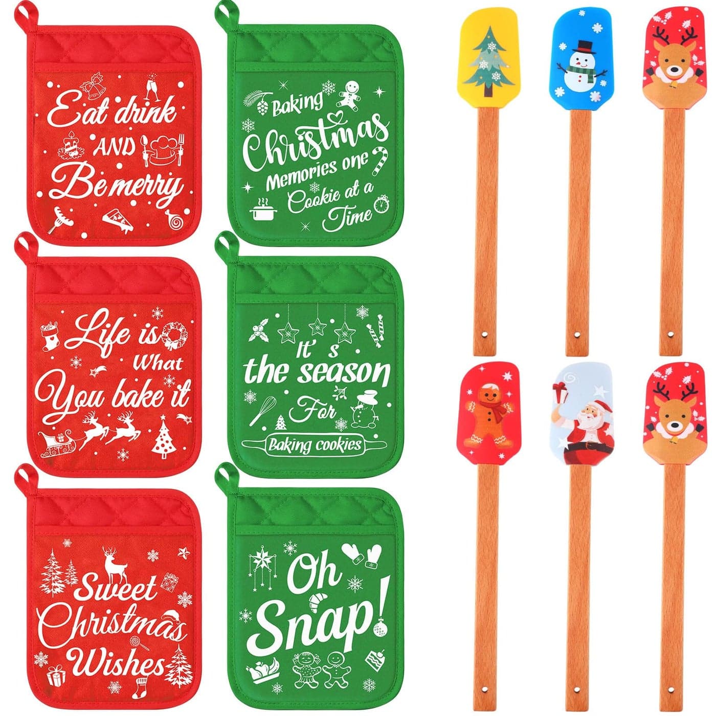 Yaomiao 12 Pcs Christmas Pot Holders with Silicone Spatula Set Silicone Spatula Set with Wooden Handles Pot Holders for Kitchen Christmas Kitchen Utensils Baking Gifts for Xmas Classic