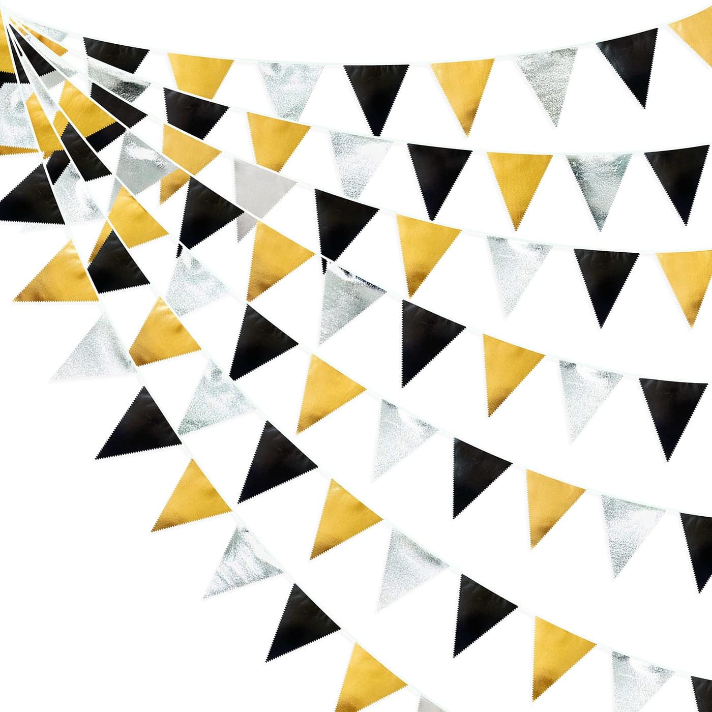 Black Gold Silver Party Decoration Triangle Pennant Banner Flag Metallic Fabric Bunting Garland for Birthday Graduation Anniversary Wedding Bridal Shower Bachelorette Engagement Disco Party Supplies
