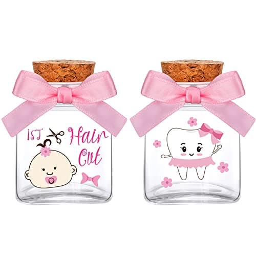 Eaasty 2 Piece Baby Keepsake Box Glass Baby First Teeth Curl Haircut Keepsake Holder for Boys and Girls(Pink,Girl Pattern)