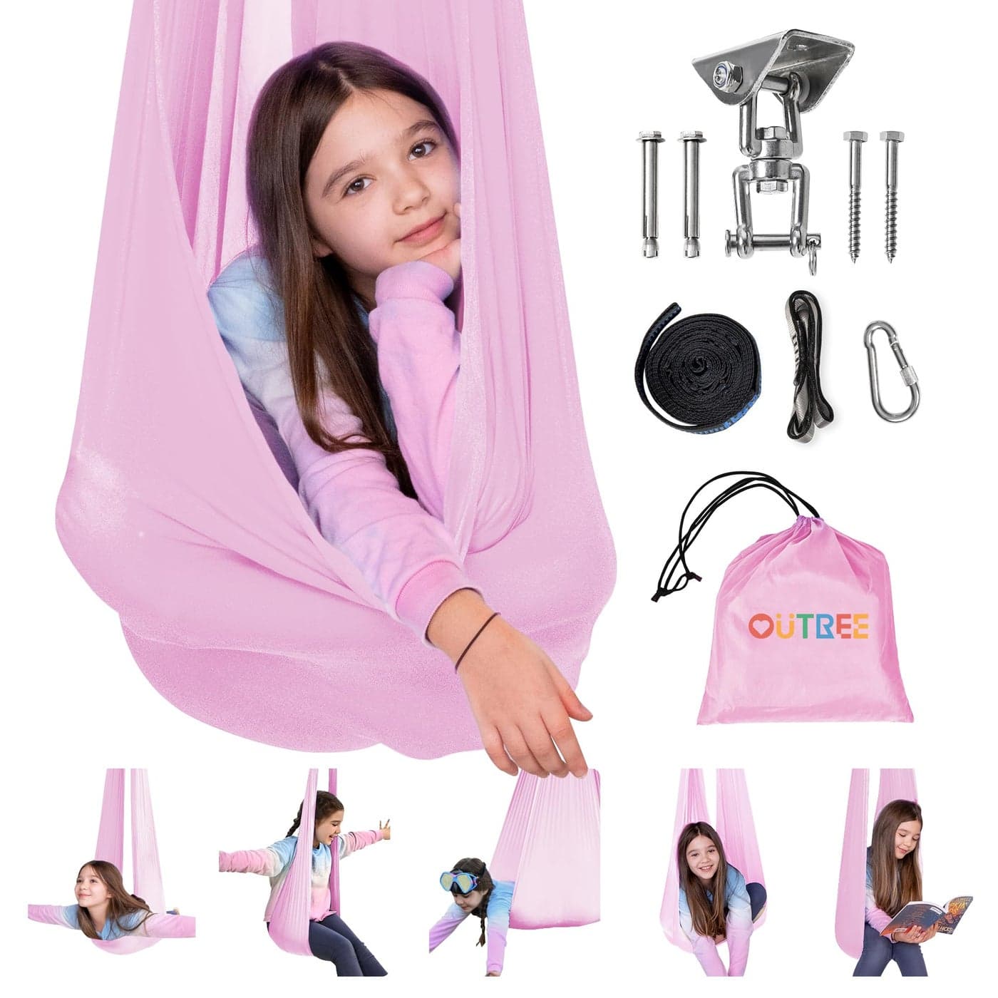 OUTREE Sensory Swing for Kids with 360 Swivel Hanger Indoor Therapy Swing Great for Autism ADHD Sensory Processing Disorder and Autistic Children Pink