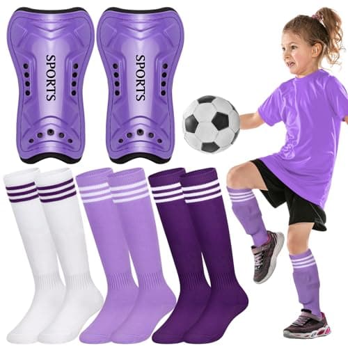 Liliful 4 Pcs Soccer Shin Guards Set for Girl Kids Youth Include 1 Shin Guards & 3 Sport Socks Protective Lightweight Gear Leg Pads Gear for 3-15 Girls Boy Children Teens(Light Purple,S)