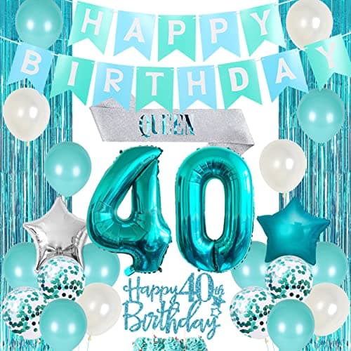 40th Birthday Decorations for Women Girls Teal Queen Sash Happy Birthday Banner Cake Topper Number 40 Foil Balloon Foil Curtain for Turquoise Fortieth Birthday Decorations Party Supplies for Her