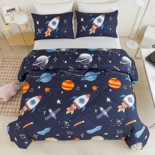 RYNGHIPY Kids Comforter Set Twin Size Cute Rocket Bedding Set for Boys Girls Space Themed Teen Boy Bedding (Space Rocket,Twin)