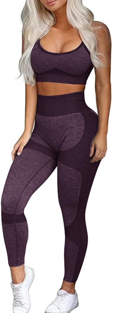 OLCHEE Women’s Workout Sets 2 Piece - Seamless Yoga Leggings and Cross-Strap Sports Bra Gym Outfits Activewear Matching Set - Eggplant Purple Medium