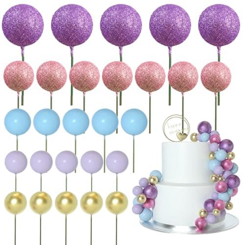 ASTARON 50 Pcs Ball Cake Topper Sticks Mini Balloons for Cake Decorating Supplies Foam Balls Cake decorations for Party Cake Birthday Cake Toppers Decorations PinkPurpleBlue