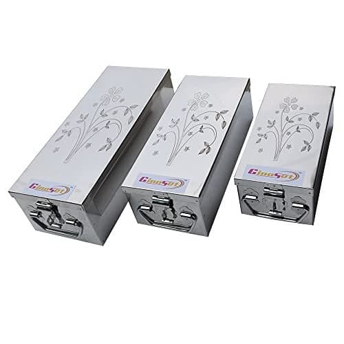 GinoSet® Stainless Steel Locker Boxes Jewellery Boxes Cash Peti Set (Multi_Pack of 3) Size -8 Inch, 10 Inch, 12 Inch. With Laser Printed Design - Silver)
