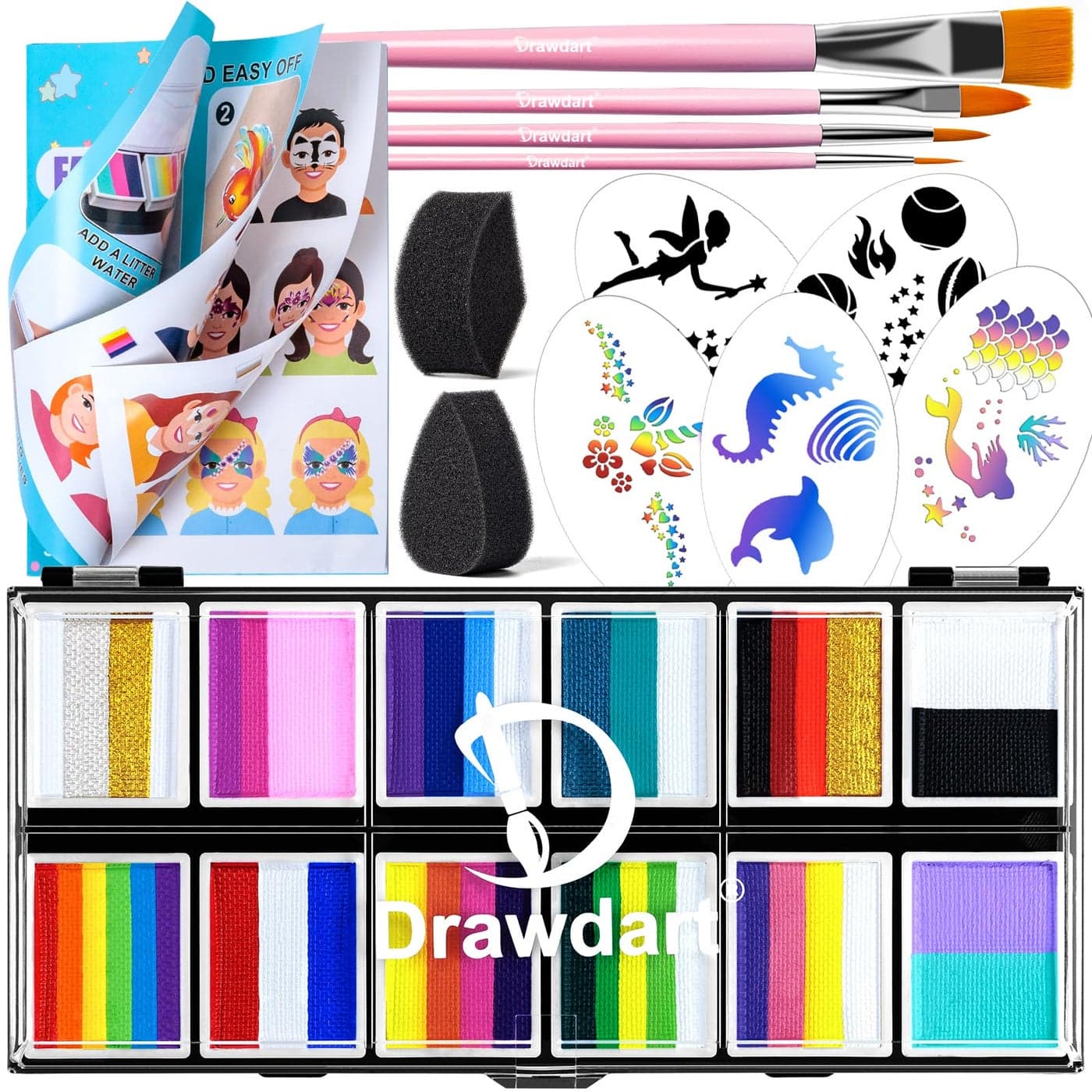 Drawdart Professional Face Painting Kit for Kids Adults Split Cake Face Paint Palette 12 x 10gm with Stencil One Stroke Non Toxic Rainbow Face Body Paint Set Festival Makeup