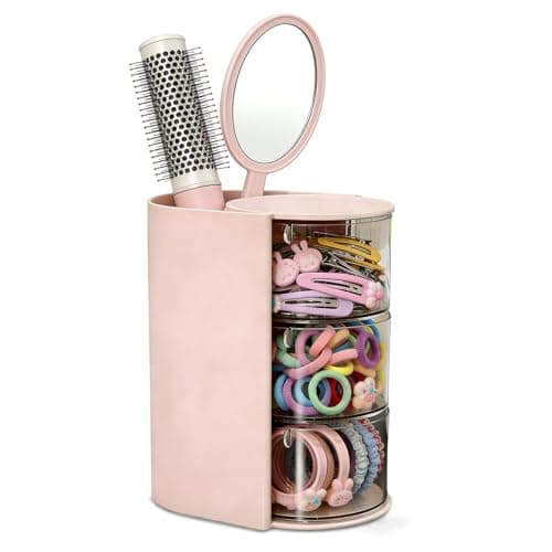 Goujfol Hair Accessories Organizer, 3 Layer Hair Tool Organizer with Brush Holder, Rotatable Makeup Storage Organizers for Girls, Storage Box for Clip, Rings (Pink)