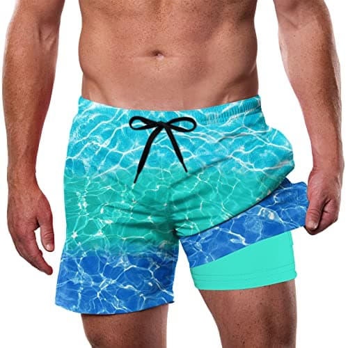 Cozople Swim Trunks Mens Shorts with Compression Liner Summer Quick Dry Swimming Trunks Anti Chafing Fashion Gradient Print Bathing Suit Beach Shorts Swimwear XL