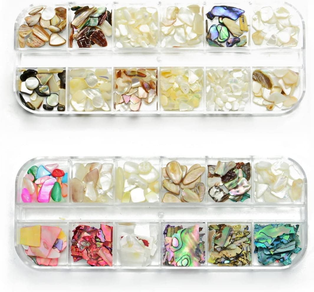 24 Boxes Natural Seashell Slices Nail Art Supplies Irregular Shell Slices Small Gravel Design 3D Nail Flakes Shell Slices Decoration UV Gel DIY Nail