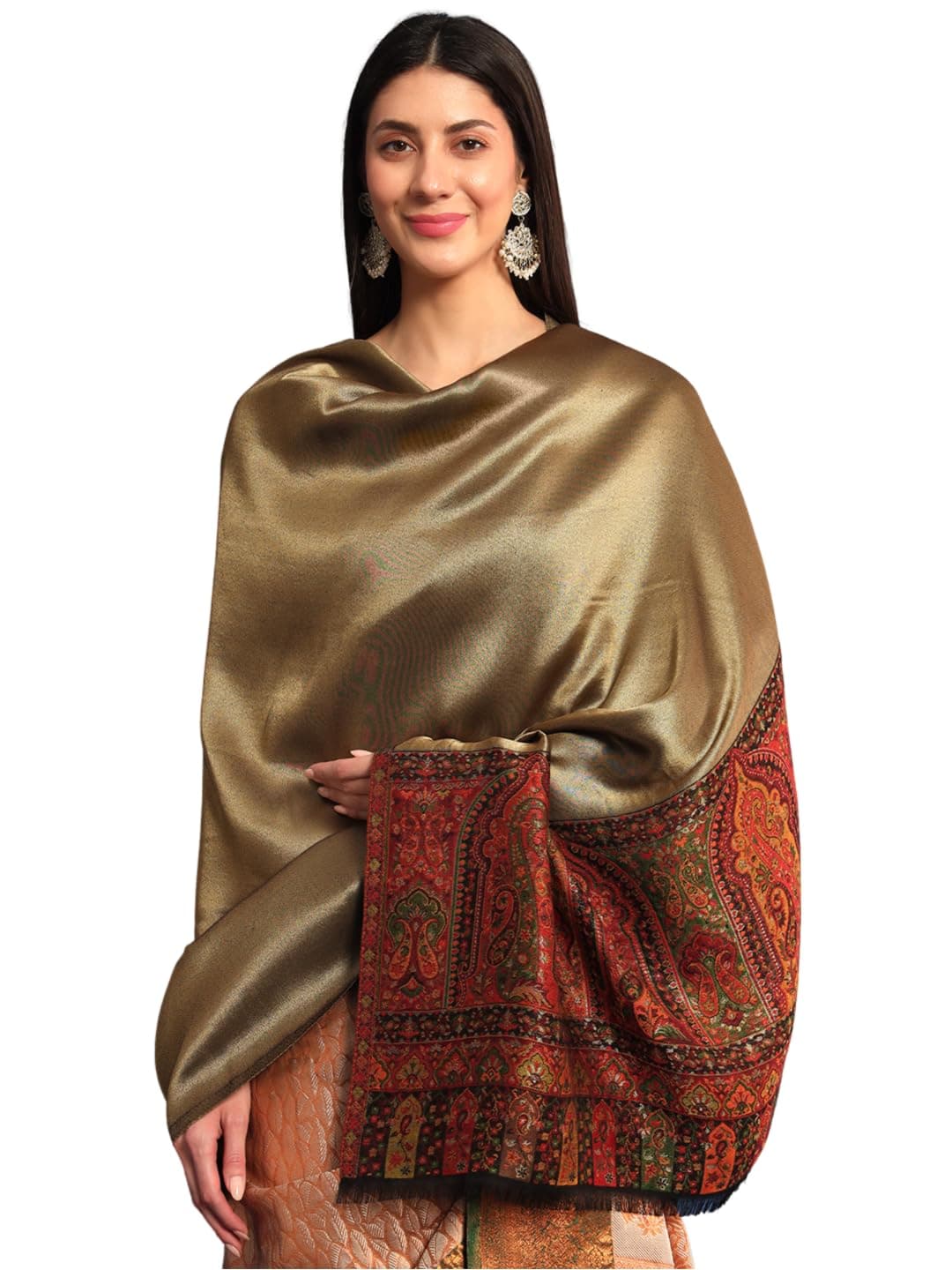 Pashmoda Women Mehroom Zari Kaani Border Fine Wool Shawl, Shawl, Scarf, Heritage Kashmiri Pashmina Stole, Evening Wrap (Size: 101 X 203 CM)