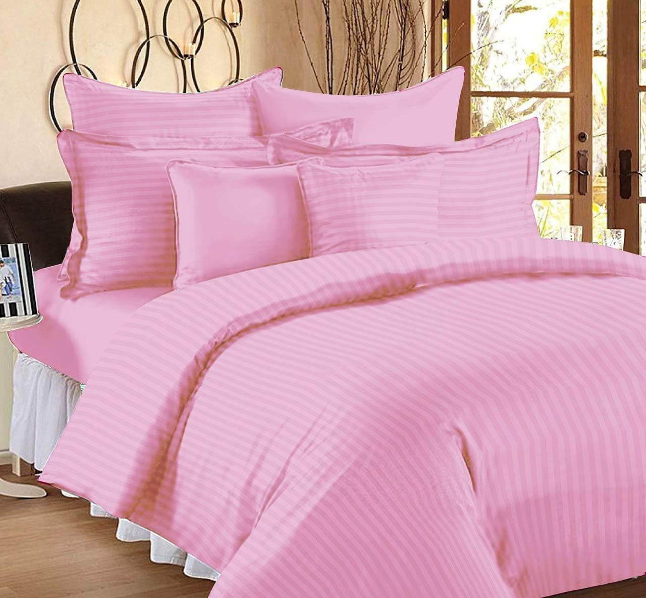 HOME ELITE 300 TC 100% Cotton Satin Stripes King Bed Sheet & 2 Pillow Covers Set for Hotels, B&B (Blush Pink, Double Bed, Flat Stripe Bedsheet) (90x100 Inches)