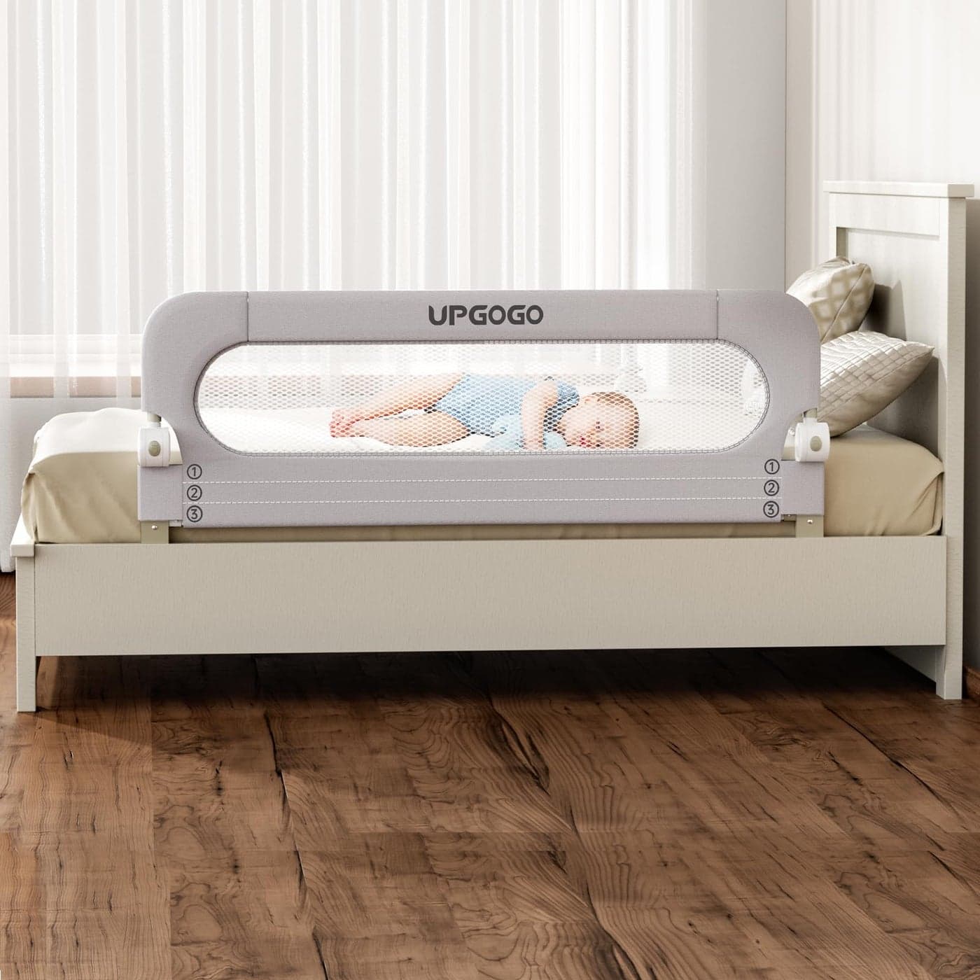 UPGOGO Folding Bed Rail for ToddlersBaby Bed Rail Guard with Reinforced Anchor Safety SystemFit BunkFull SizeQueenKingTwinGrey59x236