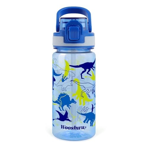 wooshwa Kids Water Bottle for School, 16 Oz Plastic Water Bottle with Silicone Spout and Pop-Up Cover, BPA Free & Dishwasher Safe (Dinosaur)