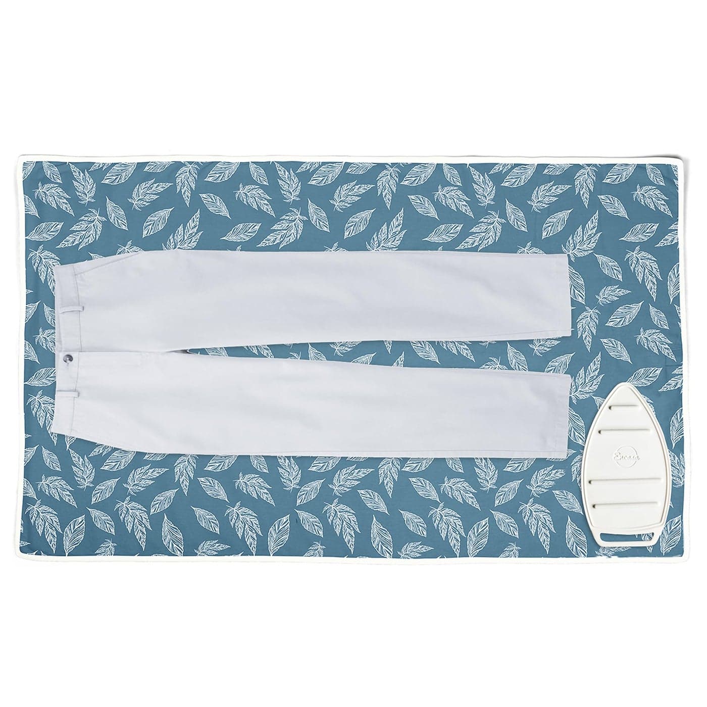 Encasa XO Ironing MatPad Large 48x28 with 3mm Padding Silicone Iron Rest for Steam Pressing on Tabletop or Bed Heat Resistant Portable Quilting Travel Blanket Big Leaves Blue