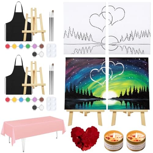 VOCHIC Sip and Paint Kit for Adult,2 Pack Pre Drawn Canvas Couple Painting Kit Date Night Couples Paint Art Set with Outline Canvas Polar Night Sky Valentine (8 x 10 Inches)