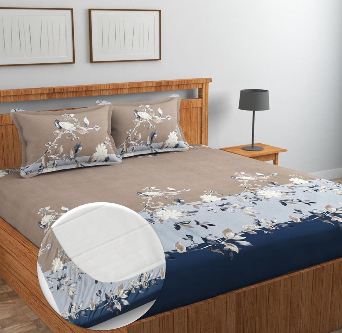 NEW LEAF Premium Cotton Elastic Fitted Bedsheets with 2 Pillow Covers Double Bed All Around Elastic Supersoft Breathable Wrinklfree Size - 76 x 72 +6 inches Grey White Blue 200 tc - 220 tc