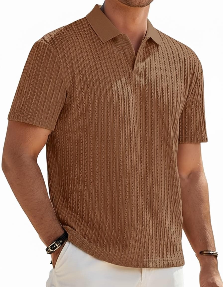 Zilcon Mens Casual Polo Shirt Summer Short Sleeve Vacation Button Beach Knit Stretchy Golf Tshirts (in, Alpha, L, Regular, Brown)