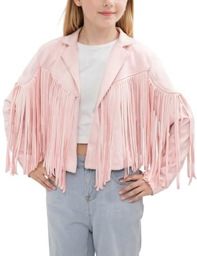 Noomelfish Girls Fringe Faux Suede Leather Jackets Kids Western Tassels Motorcycle Cardigan Cropped Coats, Pink, Size 11-12 Years