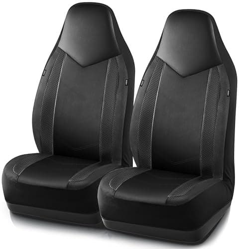 PIC AUTO Leather Car Seat Covers Sports Carbon Fiber Mesh Design HighBack Two Front Set Waterproof Automotive Seat Covers Airbag Compatible Universal Fit for Most Cars Black Black