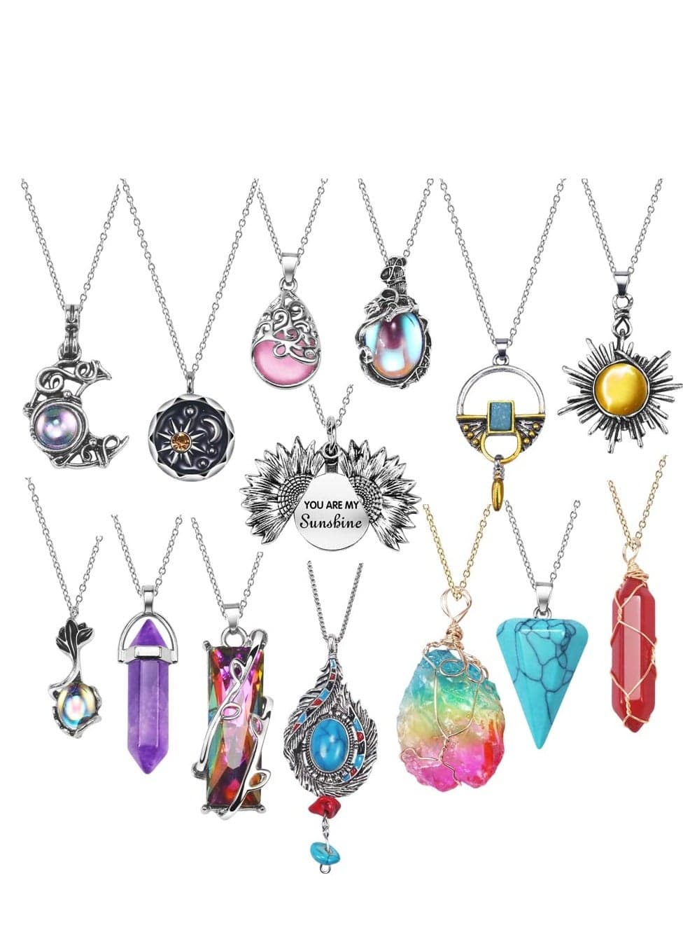 Vintage Crystal Pendant Necklaces for Women Girls Chakra Healing Carnelian Necklace Bohemian Retro Sunflower Necklace Sun and Moon Pendants
