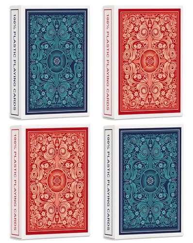 Timenued Playing Cards 4 PackPlastic Waterproof Playing Cards Bulk for Adults and Seniors4 Decks of Poker Cards Professional Set Standard Poker Size Regular Index2 Blue 2 Red