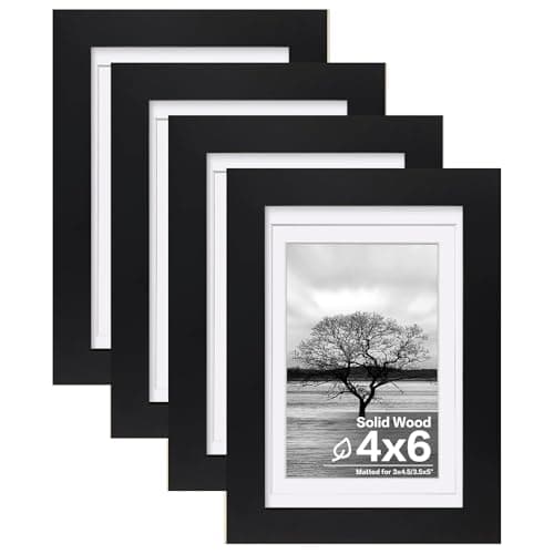 Egofine 4x6 Picture Frames Set of 4, Made of Solid Wood Covered by Plexiglass 3x4.5 and 3.5x5 with Mat or 4x6 without Mat, for Table Top Display and Wall Mounting Photo Frame Black